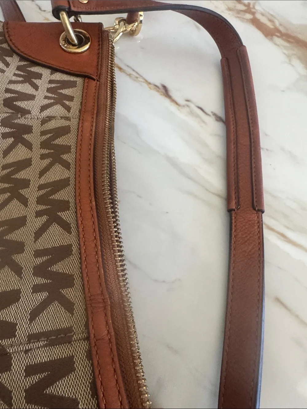 Michael Kors Beige and Brown MK Monogram Crossbody Bag